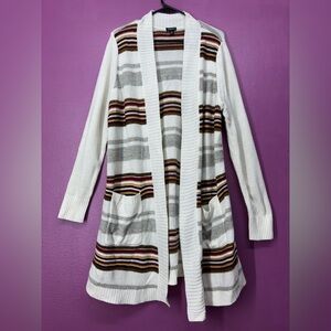 Striped Open-Front Cardigan Sweater - White and Gray